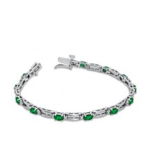 14k White Gold Oval Green Emerald and Diamond Bracelet