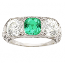 Platinum Art Deco Cushion Shaped Emerald And European Cut Diamond Three Stone Ring 