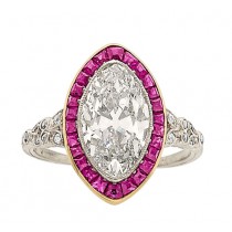 Platinum Art Deco Marquise Shaped Diamond and Square Cut Ruby Ring