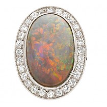 Platinum Oval Cabochon Opel And Diamond Ring  