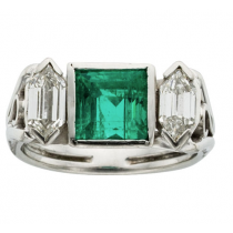 Platinum Art Deco Era Square Shaped Emerald and Hexagon Shaped Diamond Ring 