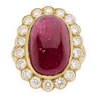 18k Yellow Gold Oval Shaped Cabochon Ruby and Diamond Ring 