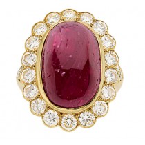 18k Yellow Gold Oval Shaped Cabochon Ruby and Diamond Ring 