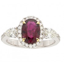 Two Tone 18k Yellow And White Gold Oval Shaped Ruby Pear Shaped Diamond Ring