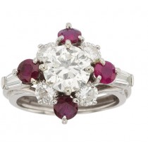 Platinum Round Ruby And Round Brilliant Cut Diamond Ring 