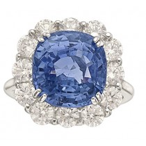 14K White Gold Cushion Shaped Sapphire and Full Cut Diamond Ring 