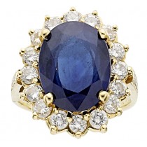 18K Yellow Gold Antique Oval Cut Sapphire and Round Diamond Ring