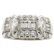 Platinum Full, Marquise, Baguette Cut Diamond Ring 