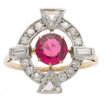 Platinum Topped Gold Edwardian Round Cut Spinel and Single Cut, Baguette, and Triangular Diamonds 