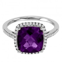14k White Gold Round Diamond and Cushion Amethyst Fashion Ring