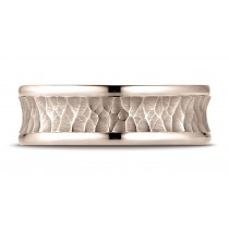 14k Rose Gold Men's Wedding Ring 7.5mm Comfort Fit Hammered Finish Concave Center Design Band