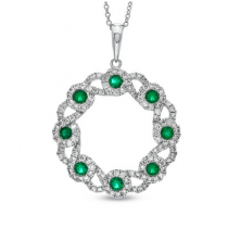 14k White Gold Circle Pendant with Emerald and Diamonds 