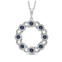 14k White Gold Circle Pendant with Sapphire and Diamonds 