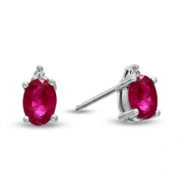 14 White Gold Oval Shaped Ruby and Round Diamond Earrings.