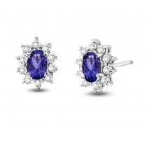 14k White Gold Oval Deep Blue Sapphire and Round Diamond Earrings