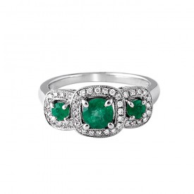 14k White Gold Diamond and Emerald Three Stone Design Fashion Ring