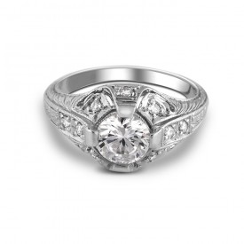 14K White Gold Elizabeth Engraved Diamond Engagement Ring