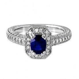 14k White Gold Cushion Cut Sapphire and Diamond Fashion Ring