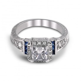 14K White Gold Diana Halo Diamond and Sapphire Ring