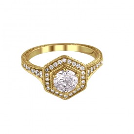 14K Yellow Gold Vintage Halo Diamond Engagement Ring
