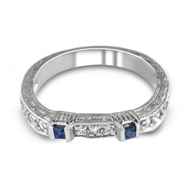 14K White Gold Antique Princess Sapphire and Diamond Wedding Ring
