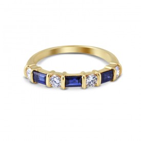 18K Yellow Gold Bar Set Round Diamond and Baguette Sapphire Wedding Ring 
