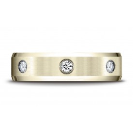 14k Yellow Gold 6mm Comfort-Fit High Polish Edge Satin Center Burnish Set 3-Stone Diamond Ring (.18ct) (Wed_Ring_Diamond)