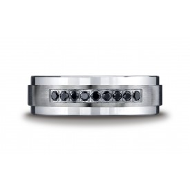 Argentium Silver Men's Wedding Ring 7mm Comfort-Fit Pave Set 9-Stone Black Diamond Design Band (.18ct)