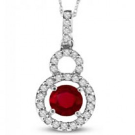 14k White Gold Fire Red Round Ruby and Round Diamond Pendant 