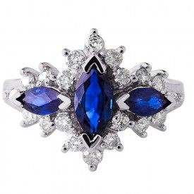 14k White Gold  Marquise Shaped Sapphire and Round Diamond Ring 