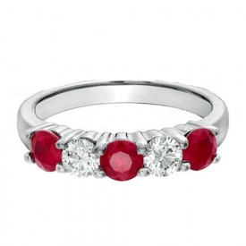 14k White Gold Round Fire Red Ruby and Round Diamond Ring  
