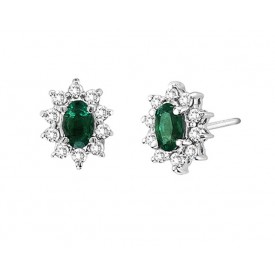 14K White Gold Oval Shaped Emerald  and Round Diamond Stud Earrings