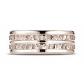 14k Rose Gold Men's Wedding Ring 8mm Comfort-Fit Hammer-Finished High Polished Center Trim and Round Edge Carved Design Band