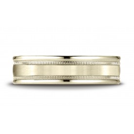 18k Yellow Gold 6mm Comfort-Fit Satin Finish Center with Milgrain Round Edge Carved Design Band