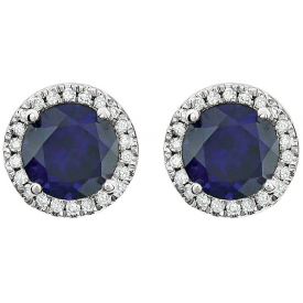 14K White Gold Round Blue Sapphire and  Round Diamond Halo Earrings