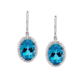 14K White Gold Oval Shaped Swiss Blue Topaz and Round Diamond Earrings