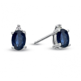 14k White Gold Oval Shaped Sapphire and Round Diamond Earrings 