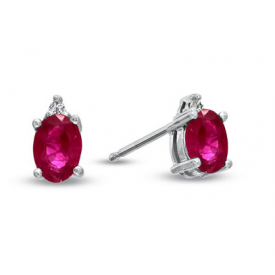14 White Gold Oval Shaped Ruby and Round Diamond Earrings.
