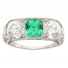 Platinum Art Deco Cushion Shaped Emerald And European Cut Diamond Three Stone Ring 