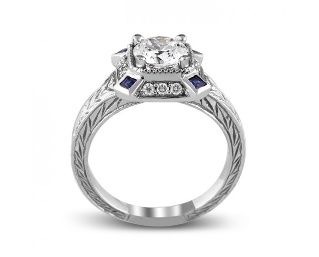 14K White Gold Art Deco Halo Diamond and Sapphire Engagement Ring